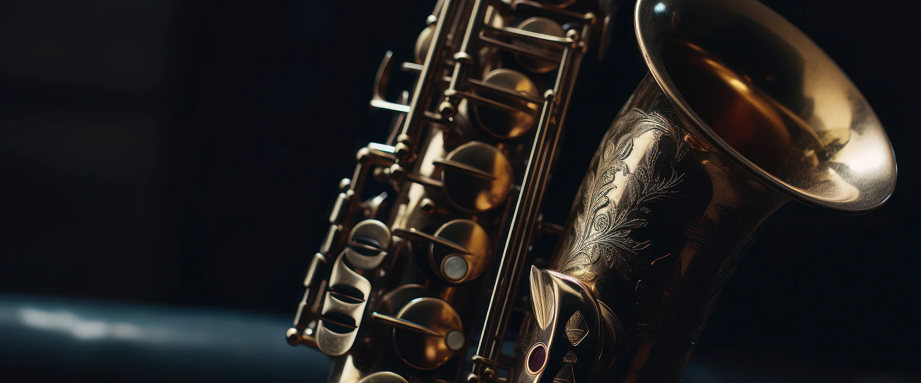 Close-up of a saxophone against a dark background.