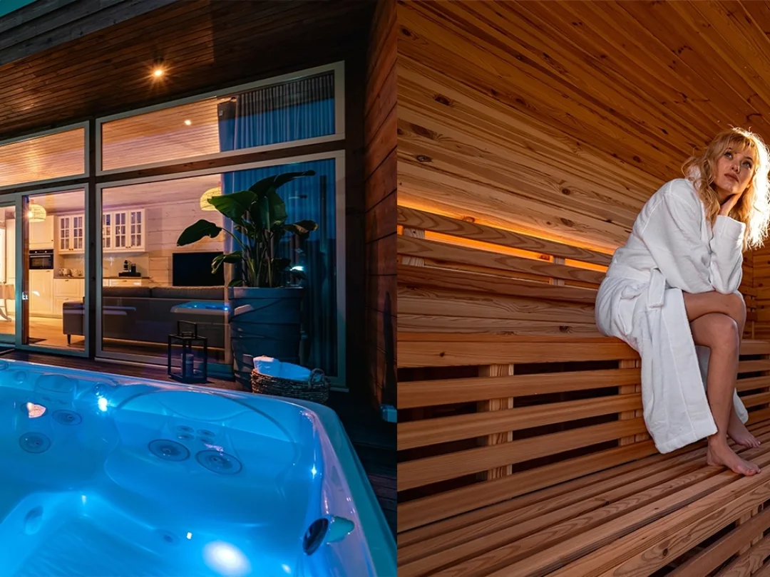 Colaj Eden Hill: jacuzzi luminat lângă vilă, noaptea, și o femeie în halat alb pe banca saunei.