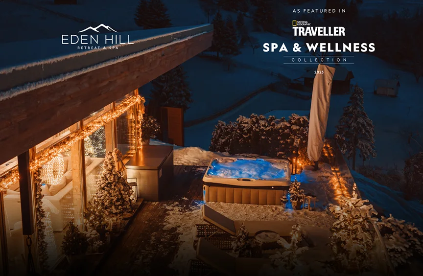 Terasă Eden Hill înzăpezită, cu lumini festive și jacuzzi, într-un colaj National Geographic Traveller Spa & Wellness Collection.